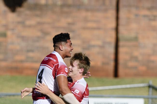 Nate Berrigan (right) celebrates his try with Jairus Halahala for the Dolphins against Western Clydesdales. Picture: Kevin Farmer