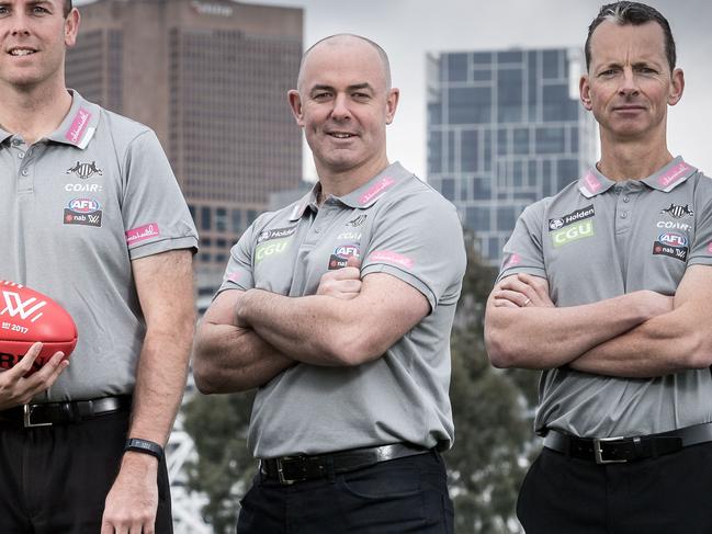 Collingwood unveils its AFLW coaching panel. (L-R) Chloe McMillan, Lynden Dunn, Wayne Siekman, Daniel Harford and Matthew Jones. Picture: Jake Nowakowski