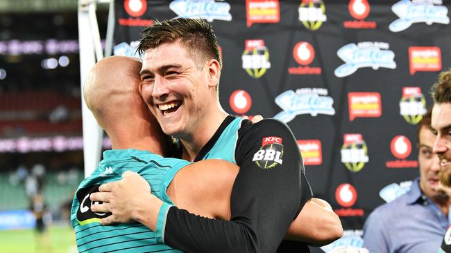 Matthew Renshaw celebrates the Heat’s big victory last night. Picture: Getty Images