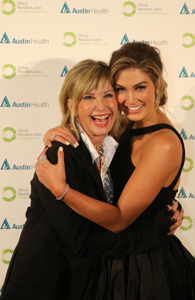 Olivia Newton-John with Delta Goodrem, at her annual ONJ Gala dinner. Picture: Yuri Kouzmin