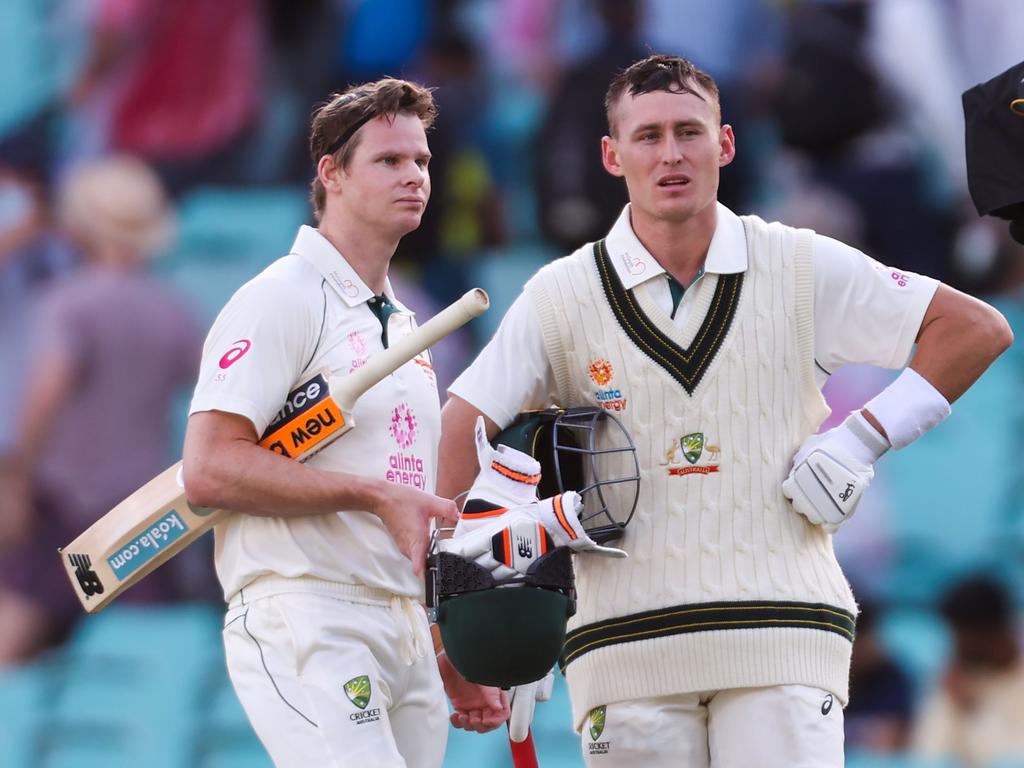 It turns out the only person who can limit Steven Smith (L) is his teammate Marnus Labuschagne. Picture: David Gray/AFP