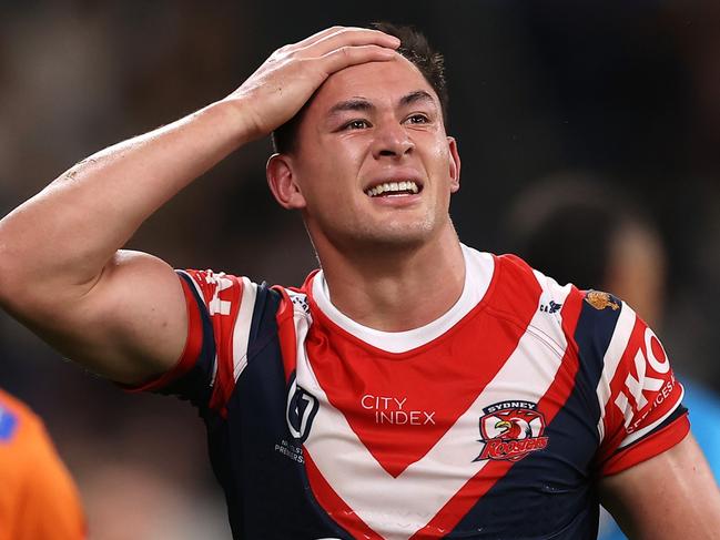 SYDNEY, AUSTRALIA - SEPTEMBER 02:  Joseph Manu of the Roosters reacts after a calf injury during the round 25 NRL match between the Sydney Roosters and the South Sydney Rabbitohs at Allianz Stadium on September 02, 2022, in Sydney, Australia. (Photo by Mark Kolbe/Getty Images)