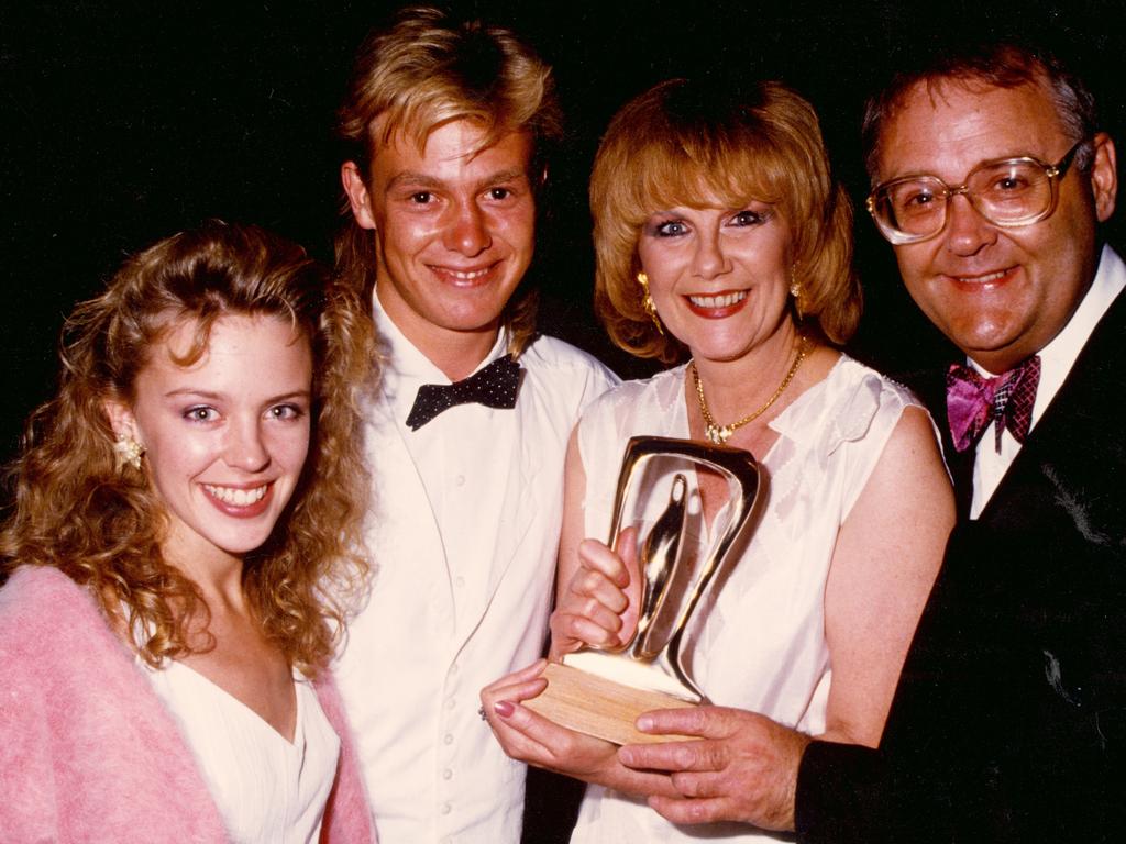 With original Neighbours co-stars (from left to right) Kylie Minogue, Jason Donovan and Anne Charleston. Picture: Supplied / Neighbours
