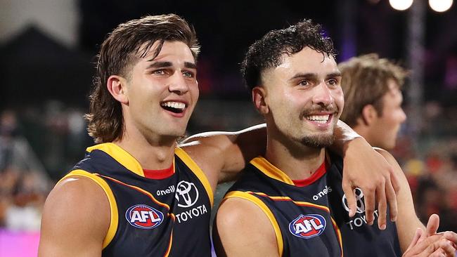 Josh Rachele and Izak Rankine will both miss Adelaide’s clash with Brisbane. (Photo by Sarah Reed/AFL Photos via Getty Images)