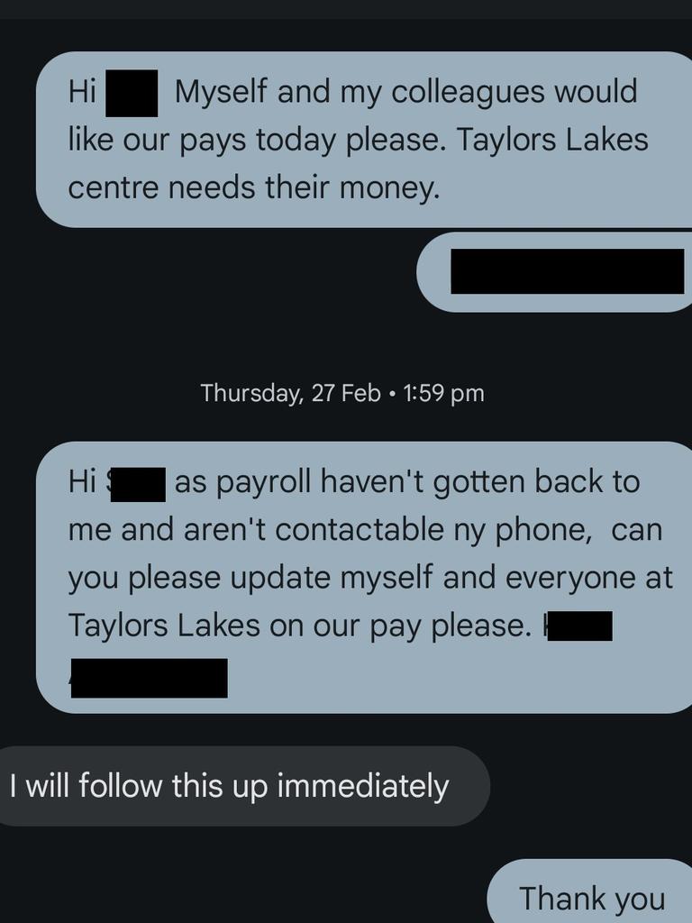 Messages from a Genius educator chasing pay. Picture: Supplied