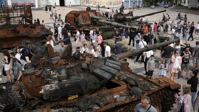 Crowds gather to view destroyed Russian tanks and armoured vehicles on display in Kyiv, Ukraine. Picture: Getty Images.