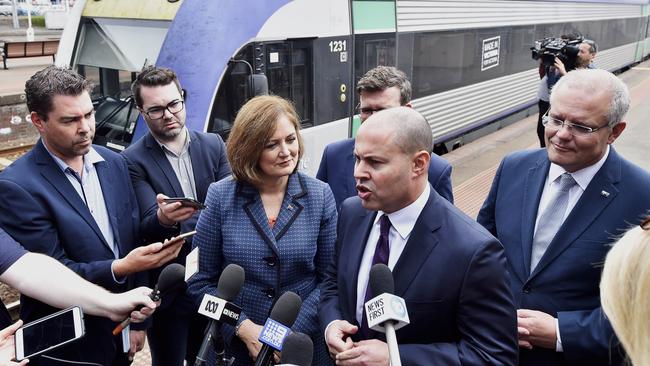 Josh Frydenberg and Scott Morrison at Geelong Train Station in 2019 announcing funding for fast rail. Picture: Alan Barber