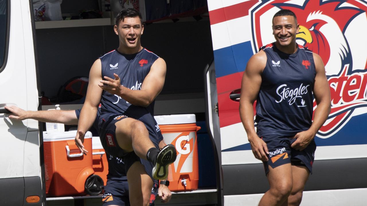 Joey Manu and Siosiua Taukeiaho have a laugh at Roosters training. Monique Harmer