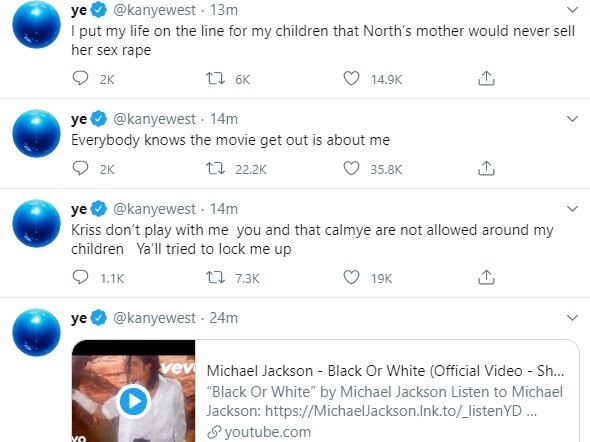 Kanye West took aim at the Kardashians and revealed a bizarre theory about the death of Michael Jackson. Picture: Twitter