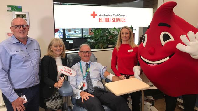 Gold Coast City Council officer Gavin Wheatley, Acting Mayor Donna Gates, former-Chief Operating Officer Joe McCabe, Red Cross Group Account Manager Kristy Purnell and Billy the blood drop at the launch of council's blood drive.