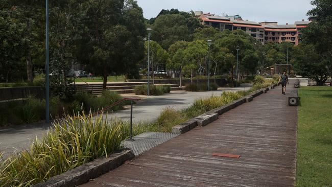 The scene at Pirrama Park, Pyrmont, today, where an alleged brawl broke out between a group of men and young girls on Saturday night. Picture: Justin Lloyd.