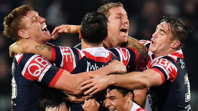 Roosters celebrates their win against the Storm at Adelaide Oval in 2017.