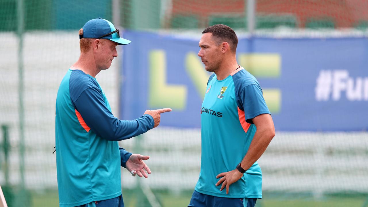 Australian head coach Andrew McDonald speaks to Scott Boland. Picture: Getty