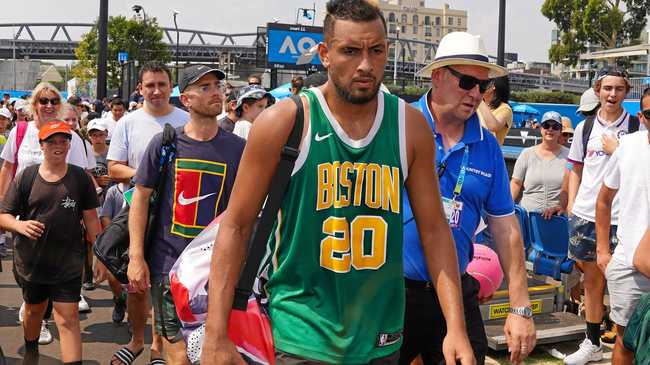 Nick Kyrgios leaves at the end of an Australian Open practice session at Melbourne Park. Picture: Scott Barbour/AAP