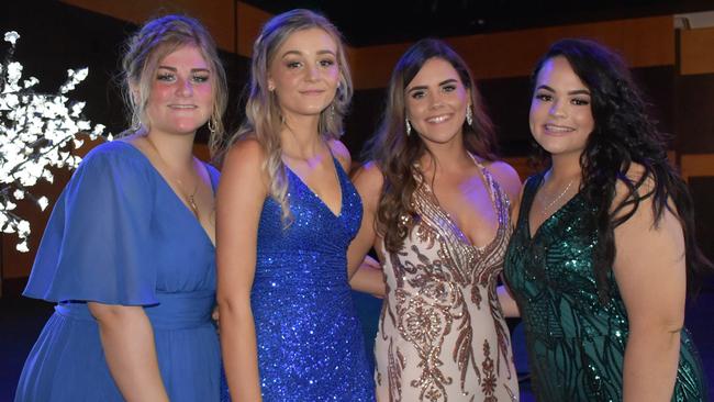 Aimee Shapland, Chloe Ellul, Justine Johnstone and Ashleigh Boyd at the Mackay North State High School Year 12 formal at the Mackay Entertainment and Convention Centre, Saturday November 21, 2020. Picture: Heidi Petith