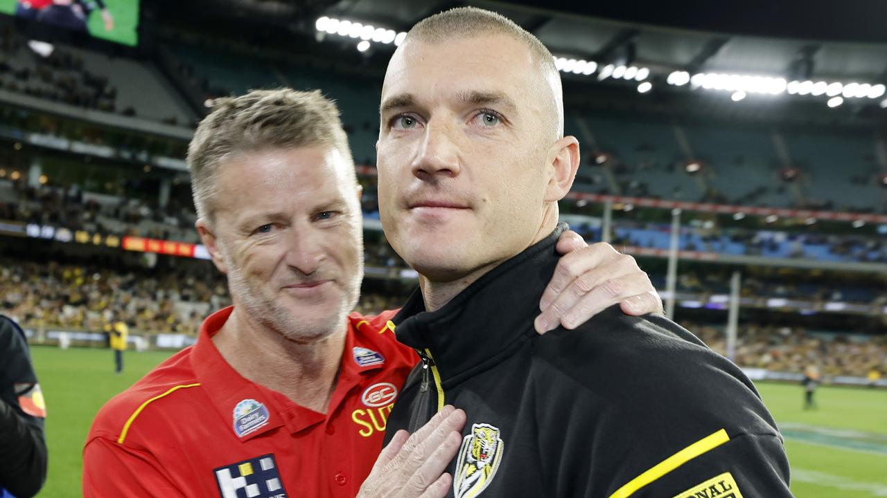 Dustin Martin hugs old coach Damien Hardwick. Pic: Michael Klein