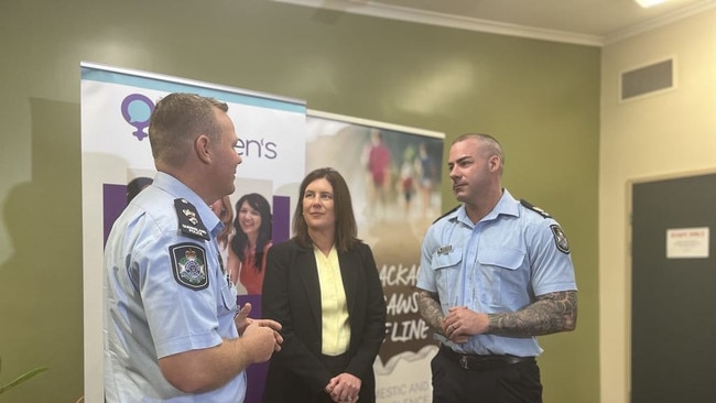 Mackay Whitsunday District Officer Superintendent Dean Cavanagh, CEO of Mackay Women's Services Belinda Berg and Senior Sergeant Kane Hildebrand discuss their new partnership helping victims of domestic and family violence. Photo: Luke Lay