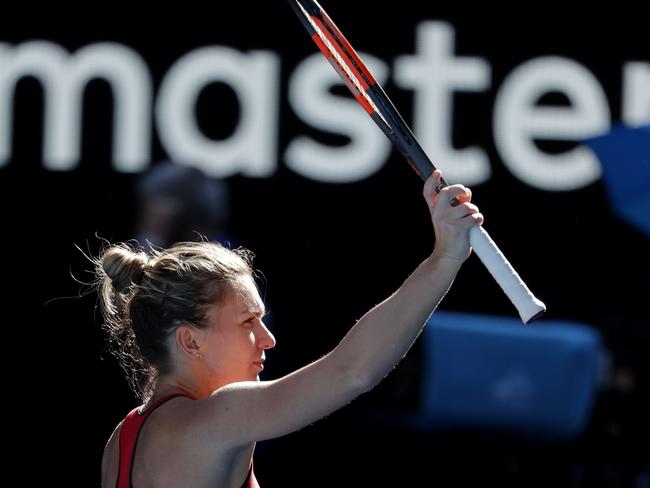 Simona Halep acknowledges a victory that didn’t come easy. Picture: AP