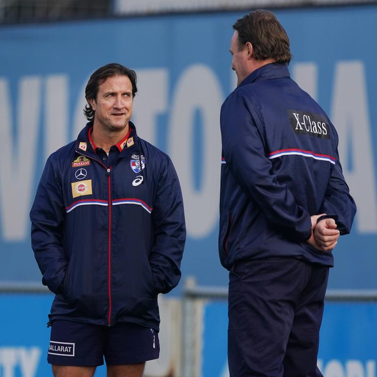 Chris Grant (right) has stepped down from his head of football position at the Western Bulldogs after overseeing Luke Beveridge’s program since 2016. Picture: Michael Dodge / AAP