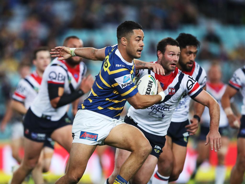 Parramatta's Jarryd Hayne on a run during NRL match Sydney Roosters v Parramatta Eels at ANZ Stadium in 2018. Picture. Phil Hillyard