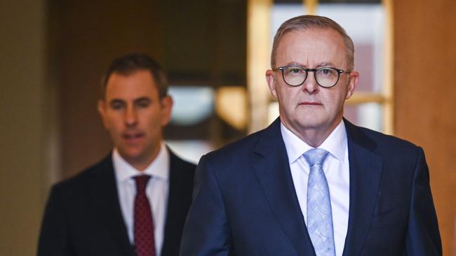 Damage control: Anthony Albanese and Treasurer Jim Chalmers arrive for a press conference at Parliament house in Canberra last week. Picture: NCA NewsWire / Martin Ollman