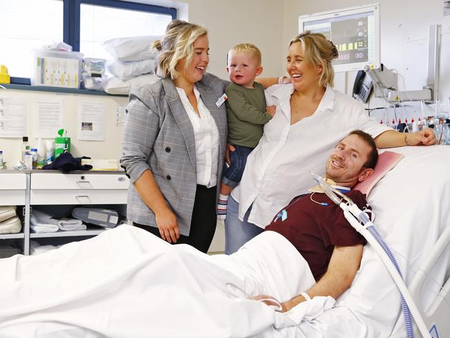 Kate Stapleton (2nd from right) with husband Nathan and son Harry at Prince of Wales hospital, where they have welcomed their second child. Picture: Sam Ruttyn