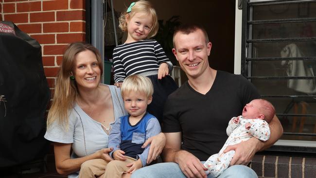 Families such as Jessica and Andrew Bryan and their three kids Audrey (3), Wally (2) and newborn Theo will get sweetners in the budget. Picture: Richard Dobson