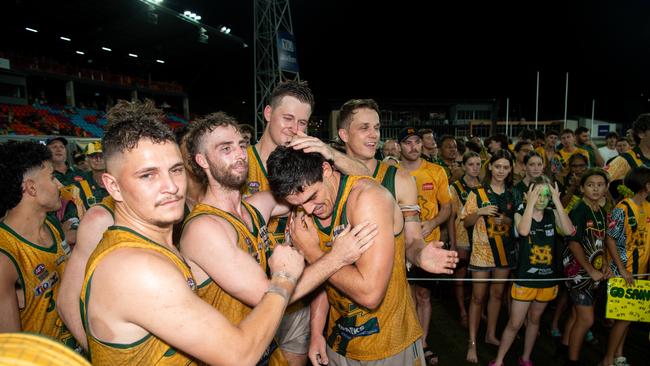 St Mary's celebrates their win in the 2023-24 NTFL Men's Grand Final between Nightcliff and St Mary's. Picture: Pema Tamang Pakhrin