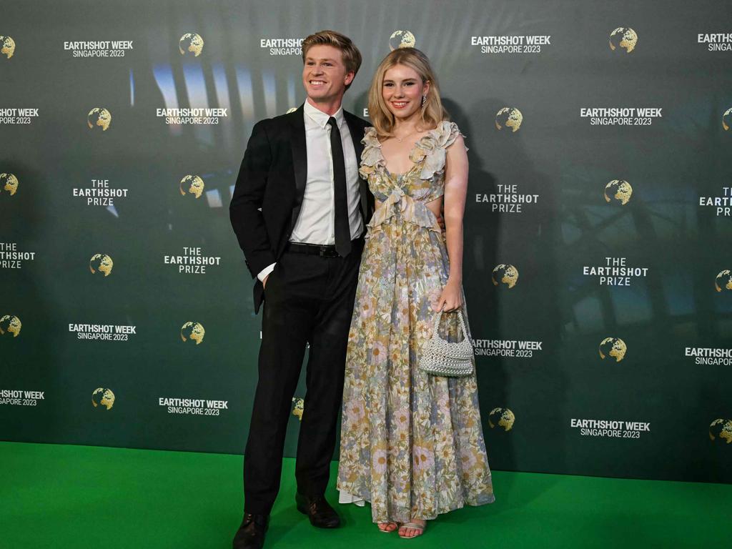 Australian wildlife conservationist Robert Irwin and his girlfriend Rorie Buckey looking loved up as they arrive for the 2023 Earthshot Prize in Singapore. Picture: AFP