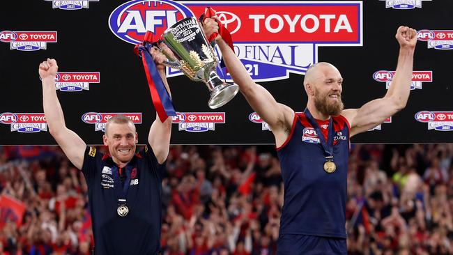 Simon Goodwin and Max Gawn hold the cup aloft after winning the AFL Grand Final. Picture: AFL Photos