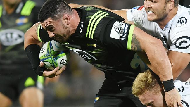 NAPIER, NEW ZEALAND - APRIL 06:  Jeffery Toomaga-Allen of the Hurricanes pushes forwards during the round eight Super Rugby match between the Hurricanes and the Sharks at McLean Park on April 6, 2018 in Napier, New Zealand  (Photo by Kerry Marshall/Getty Images)