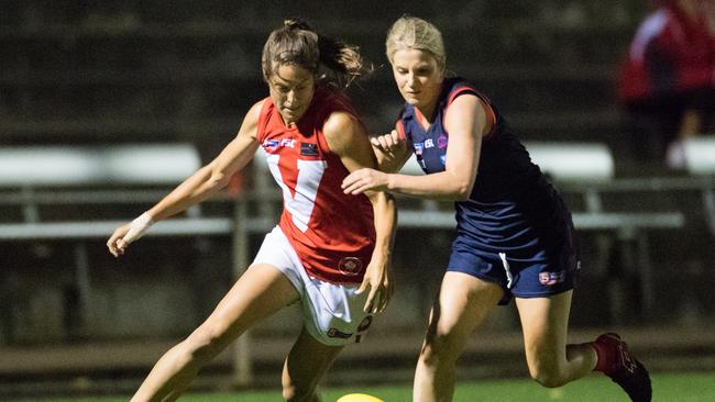 Ellen Maple pictured last year playing for Norwood with North Adelaide’s Jess Edwards at Richmond Oval.                                         Picture: Matt Loxton