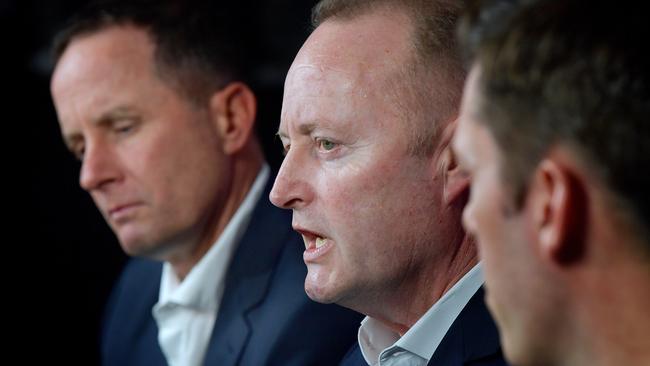 Former Adelaide coach Don Pyke, chairman Rob Chapman and CEO Andrew Fagan speak to the media in 2019.