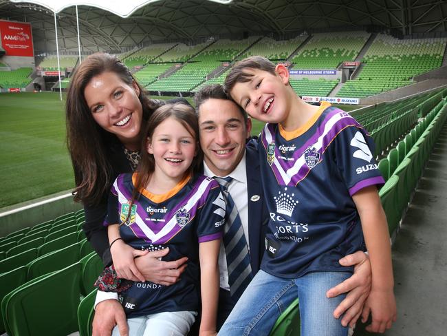 Billy Slater with his family after announcing his retirement. Picture: David Caird