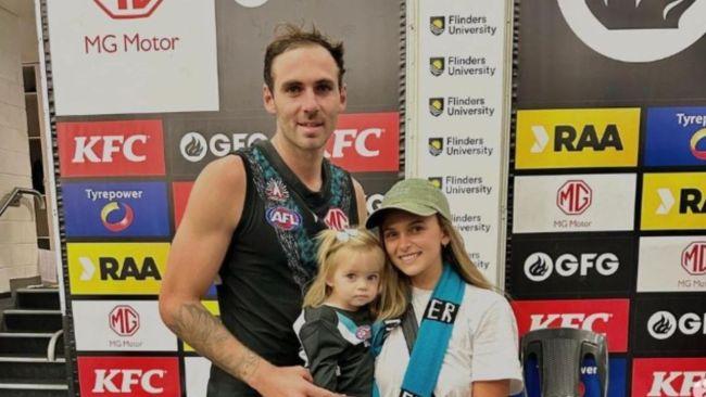 Kellie Finlayson with her husband Jeremy, a player for Port Adelaide in the AFL, and their daughter Sophia. Picture:  Kellie Finlayson with husband Jeremy Finlayson and their daughter Sophia. Picture: @kelliefinlayson_ on Instagram