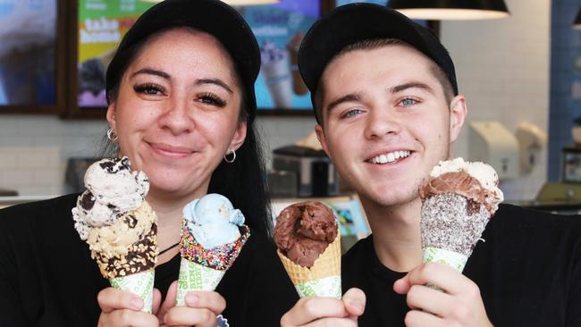 Ben &amp; Jerry's Scoop in Surfers Paradise is going to give away free ice cream for the day on Monday, April 3. Staff members Ashleigh Joseph and Spencer Luetchford ready with the tasty treats, so better get yours before everyone else. Picture Glenn Hampson