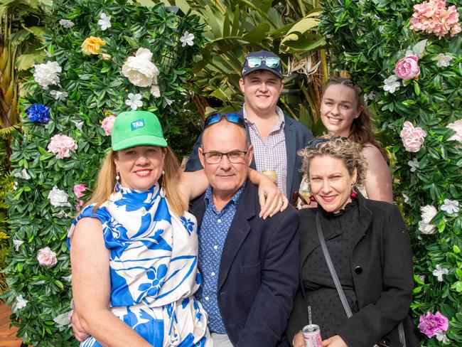 Elliott Ferguson and Mackenzie Rohde (back row) with Jackie Cooke, Andrew Ferguson and Ann-Maree Bange. IEquine Toowoomba Weetwood Raceday - Clifford Park Saturday September 28, 2024 Picture: Bev Lacey