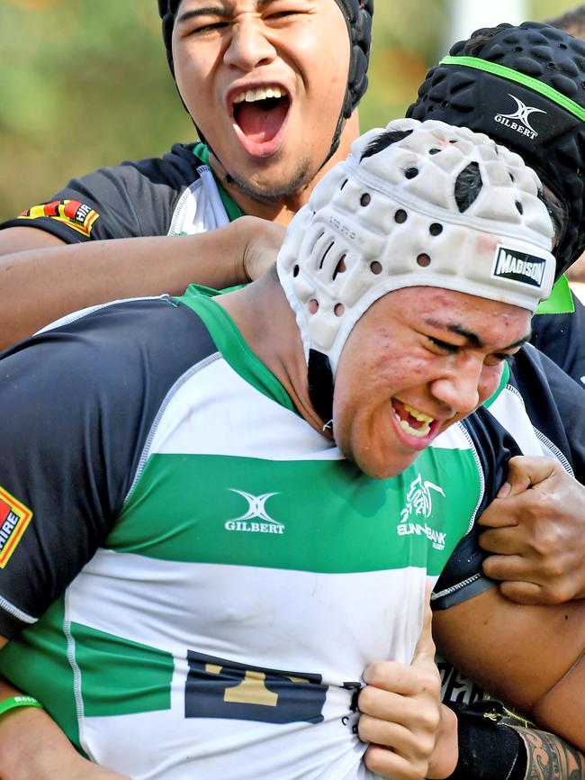 Sunnybank players celebrate a try. Colts 1 rugby union between Sunnybank and Norths. Saturday May 28, 2022. Picture, John Gass