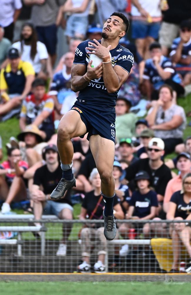 CAIRNS, AUSTRALIA – FEBRUARY 12: Robert Derby of the Cowboys makes a catch during the NRL Trial Match between North Queensland Cowboys and Dolphins at Barlow Park on February 12, 2023 in Cairns, Australia. (Photo by Emily Barker/Getty Images)