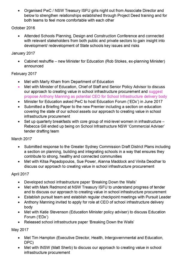 PwC’s “diary of a pursuit” document tendered to the ICAC inquiry into School Infrastructure NSW, with references to Manning highlighted in pink as “potentially contentious”.