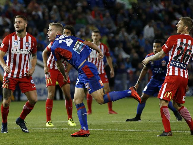 Riley McGree watches his wonder strike arc towards the goal. Picture: AAP