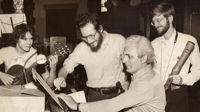 Robert Moog, inventor of the music synthesiser, performs with the Going Baroque Band in 1980. Picture: AP