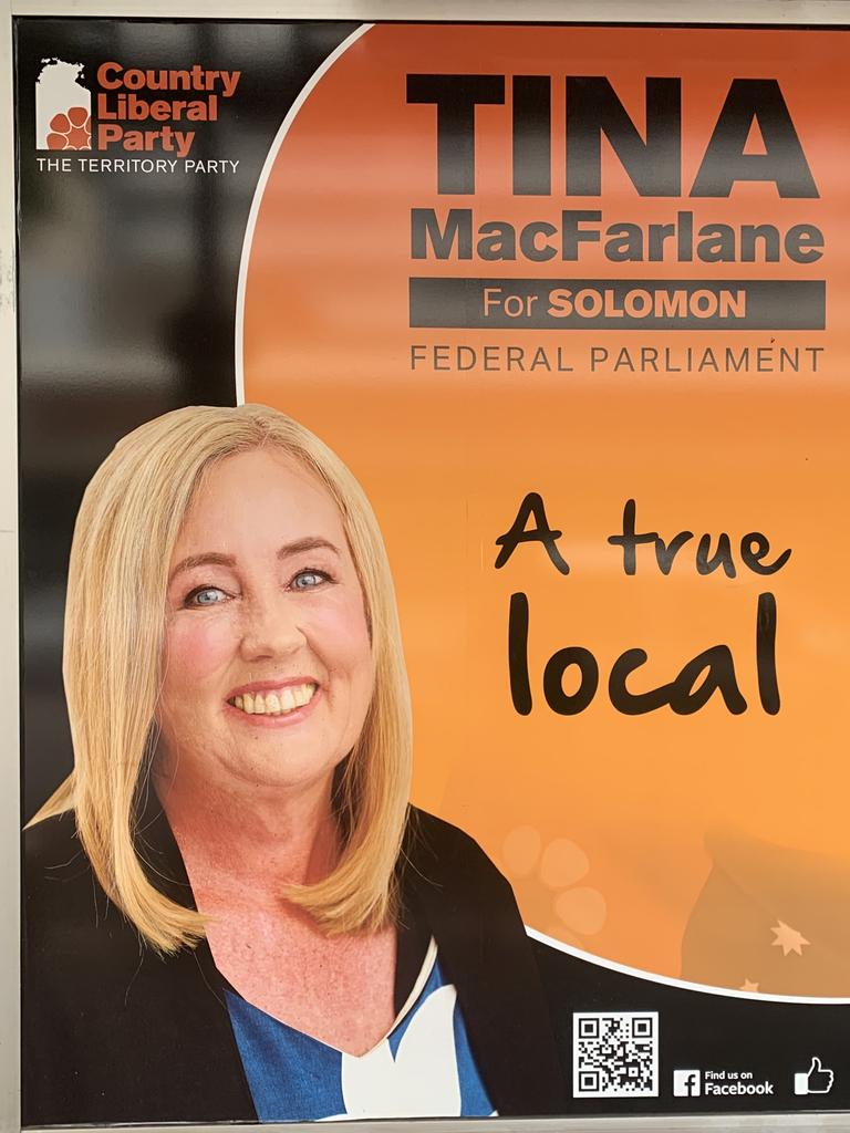 Poster for CLP’s Solomon candidate Tina MacFarlane outside her Darwin office. Picture: Supplied.