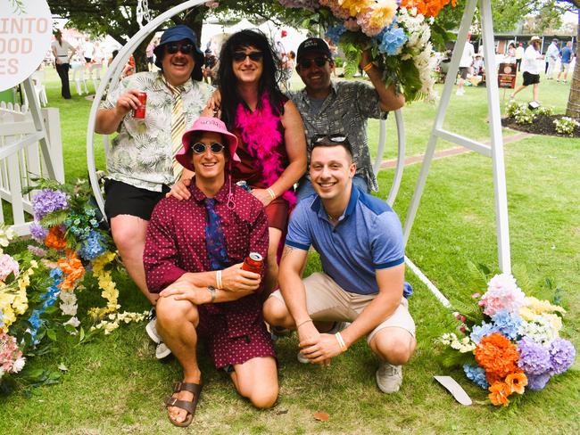 James Lapa, Brad Kilgore, Nick Lapa, Chris (Batman) and Jake Falzon enjoying all the action at the Ladbrokes Cranbourne Cup on Saturday, November 23, 2024. Picture: Jack Colantuono