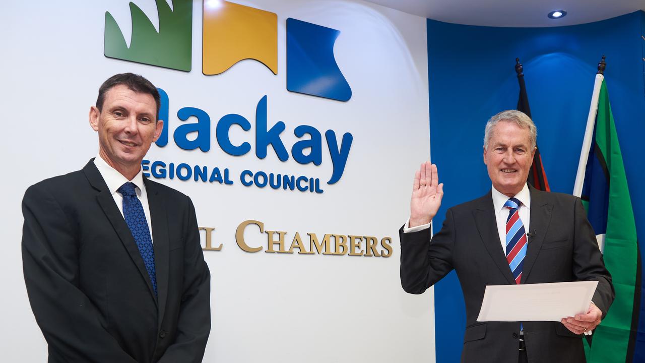 Mayor Greg Williamson is sworn in as mayor of Mackay Regional Council by CEO Craig Doyle.