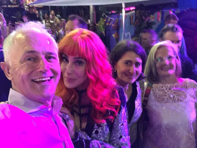 Malcolm Turnbull’s controversial Cher selfie with NSW Premier Gladys Berejiklian and his wife Lucy at Mardi Gras. Picture: Twitter