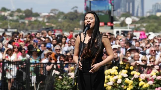 Nadia Aya sung the national anthem instead of Jessica Mauboy who pulled out controversially. Picture. Andrew Tauber