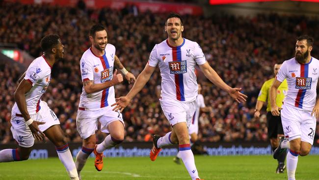 Scott Dann of Crystal Palace (c) celebrates scoring his side's second goal.