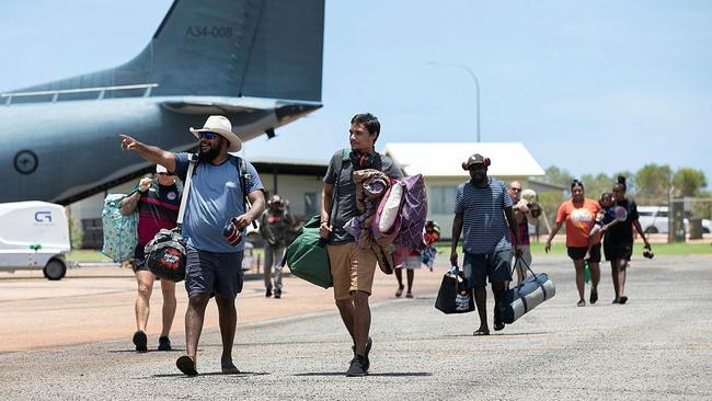 Johnathan Cox (left) is a Noonkanbah Community leader and one of 22 members of the Yungngora people that were repatriated by an Australian Army CH-47 Chinook helicopter after they were evacuated due to flooding in the area. Picture: LACW Kate Czerny