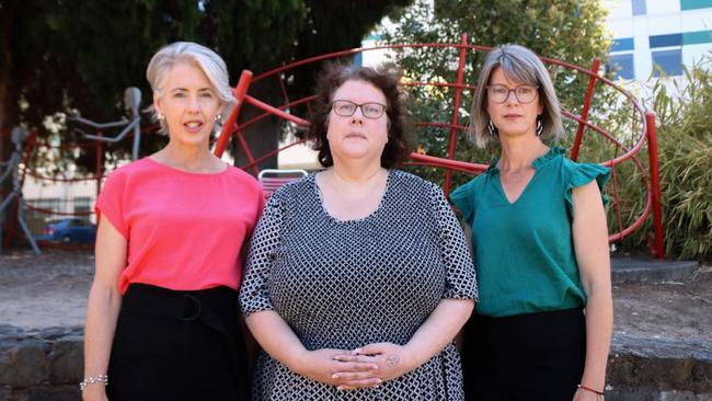 Greens leader Rosalie Woodruff and Greens Bass candidate Cecily Rosol with Stella Jennings, the daughter of Launceston woman Anne Pedler who died after being ramped at the Launceston General Hospital for eight hours in 2022. Picture: Stephanie Dalton